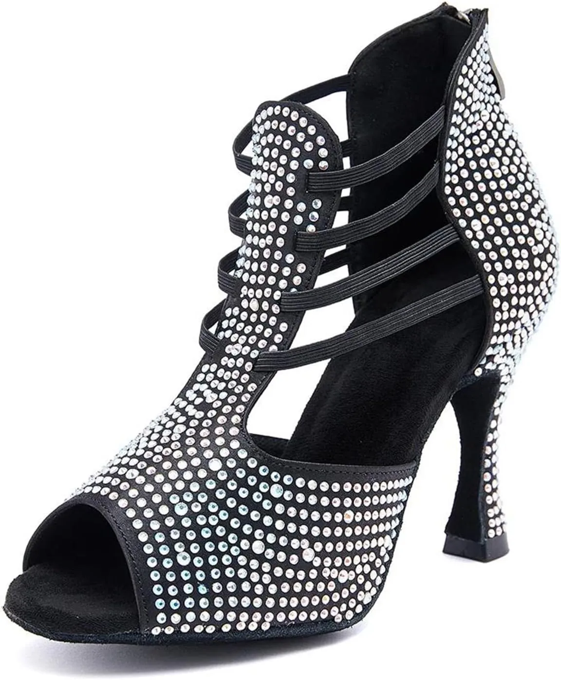 Ladies Black Velvet Evening Sandals - Rhinestone-Encrusted Straps for Midnight Celebrations (7.5CM/2.95")