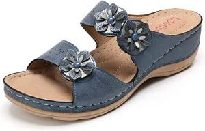 Ladmiple Sandals for Women Casual Summer Flower Comfortable Orthopedic Sandals Arch Support Slippers Roman Flat Shoes
