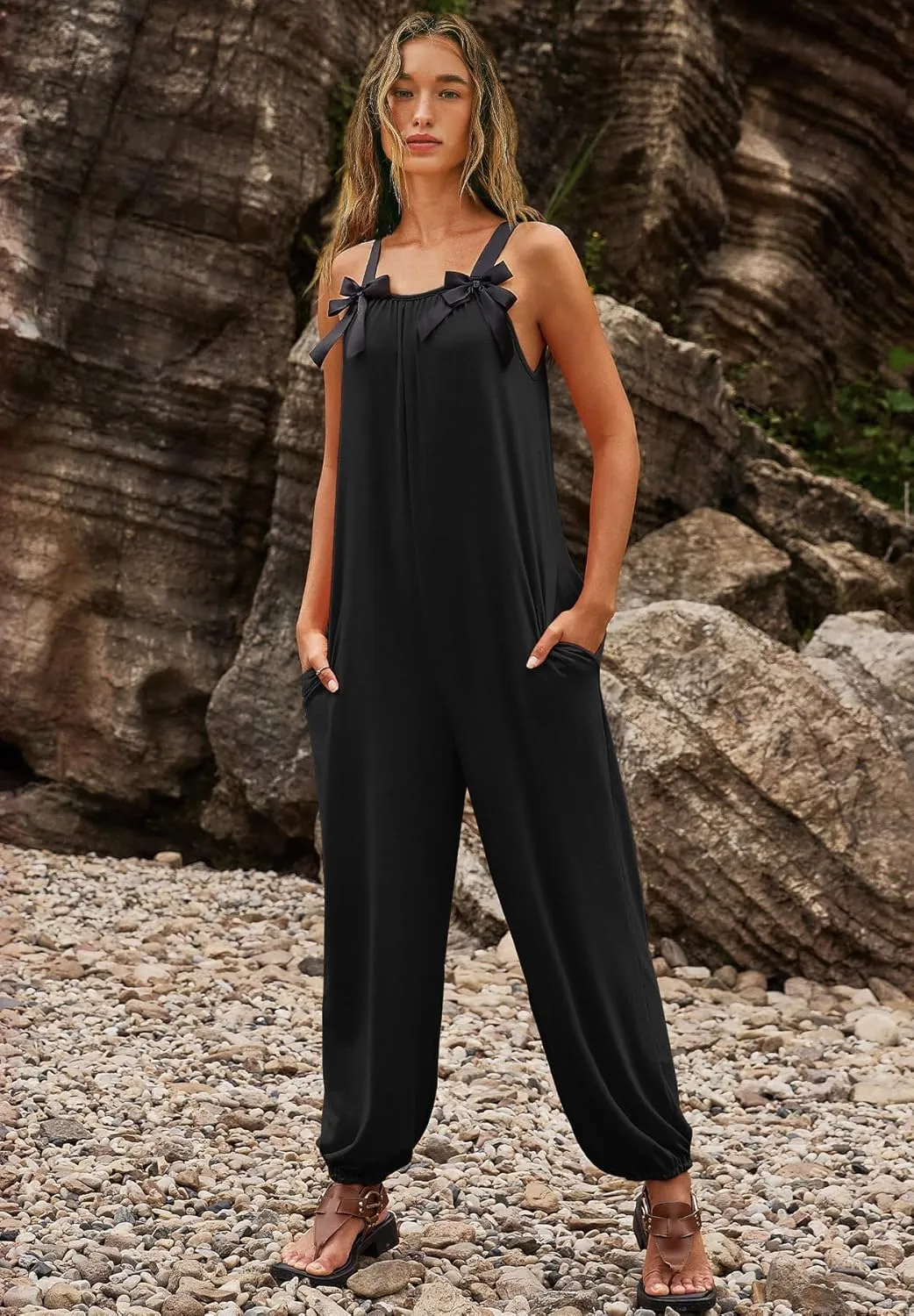LAMISSCHE Wonens Plus Size Overalls Spaghetti Strap Baggy Romper Harem Wide Leg Jumpsuit With Pockets