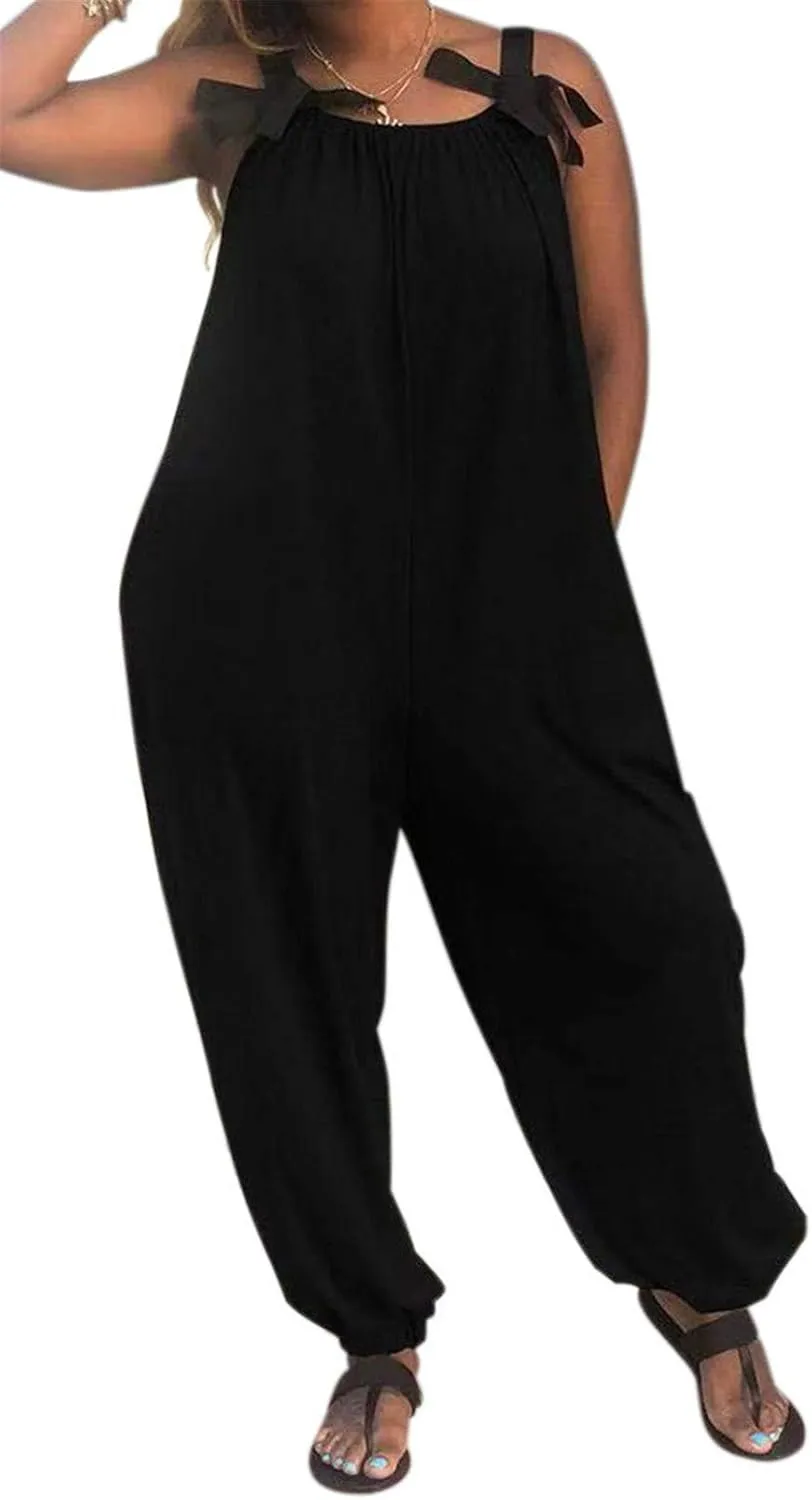 LAMISSCHE Wonens Plus Size Overalls Spaghetti Strap Baggy Romper Harem Wide Leg Jumpsuit With Pockets