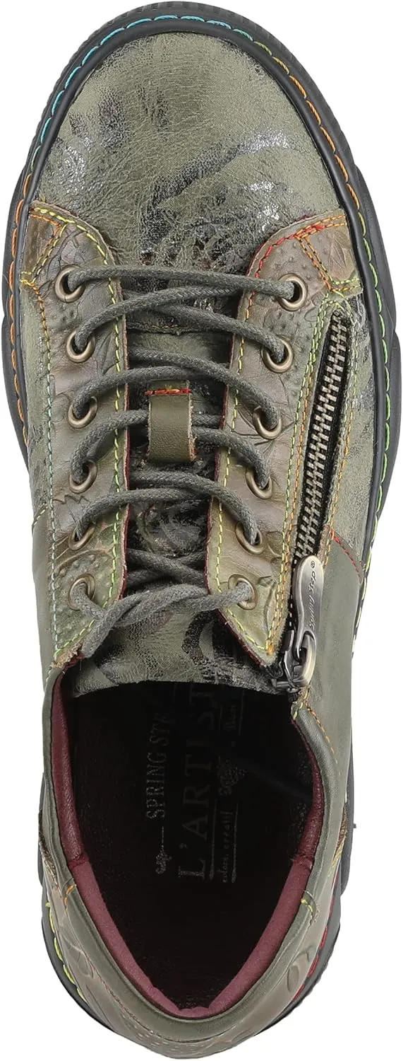 L'Artiste by Spring Step Women's Danli-Bloom Sneaker – Hand-Painted Leather Platform Shoes with Zipper & Lace-Up Closure, Removable Insole, Rainbow Stitching, Comfort Fit Black Multi EU 42/10.5-11