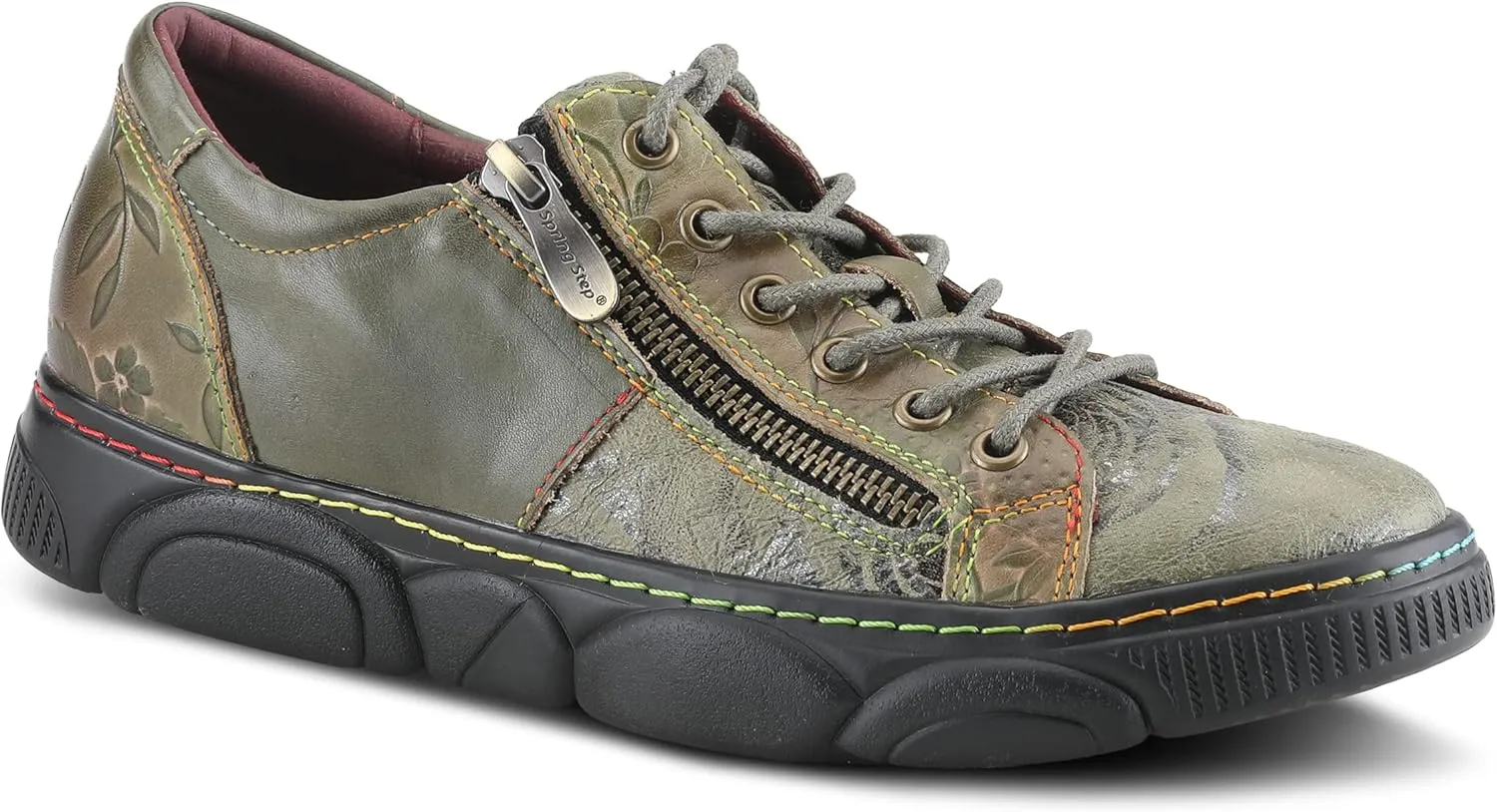 L'Artiste by Spring Step Women's Danli-Bloom Sneaker – Hand-Painted Leather Platform Shoes with Zipper & Lace-Up Closure, Removable Insole, Rainbow Stitching, Comfort Fit Black Multi EU 42/10.5-11