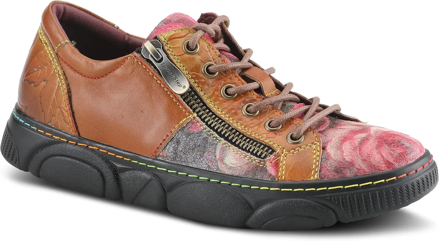 L'Artiste by Spring Step Women's Danli-Bloom Sneaker – Hand-Painted Leather Platform Shoes with Zipper & Lace-Up Closure, Removable Insole, Rainbow Stitching, Comfort Fit Black Multi EU 42/10.5-11