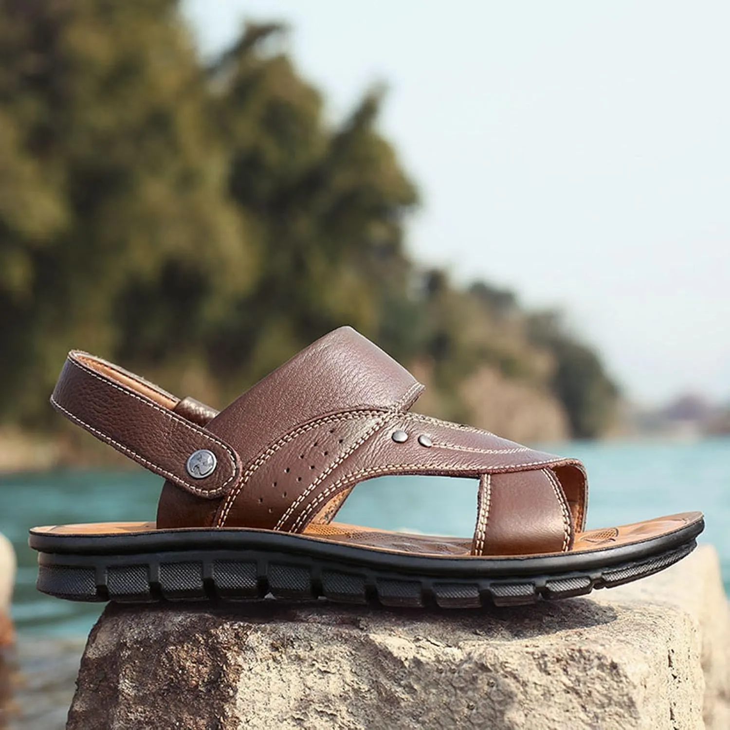 Leather Sandals for Men Soft Outdoor Sports Sandal Breathable Orthopedic Slippers with Non-Slip Sole Comfortable Shoes Footwear