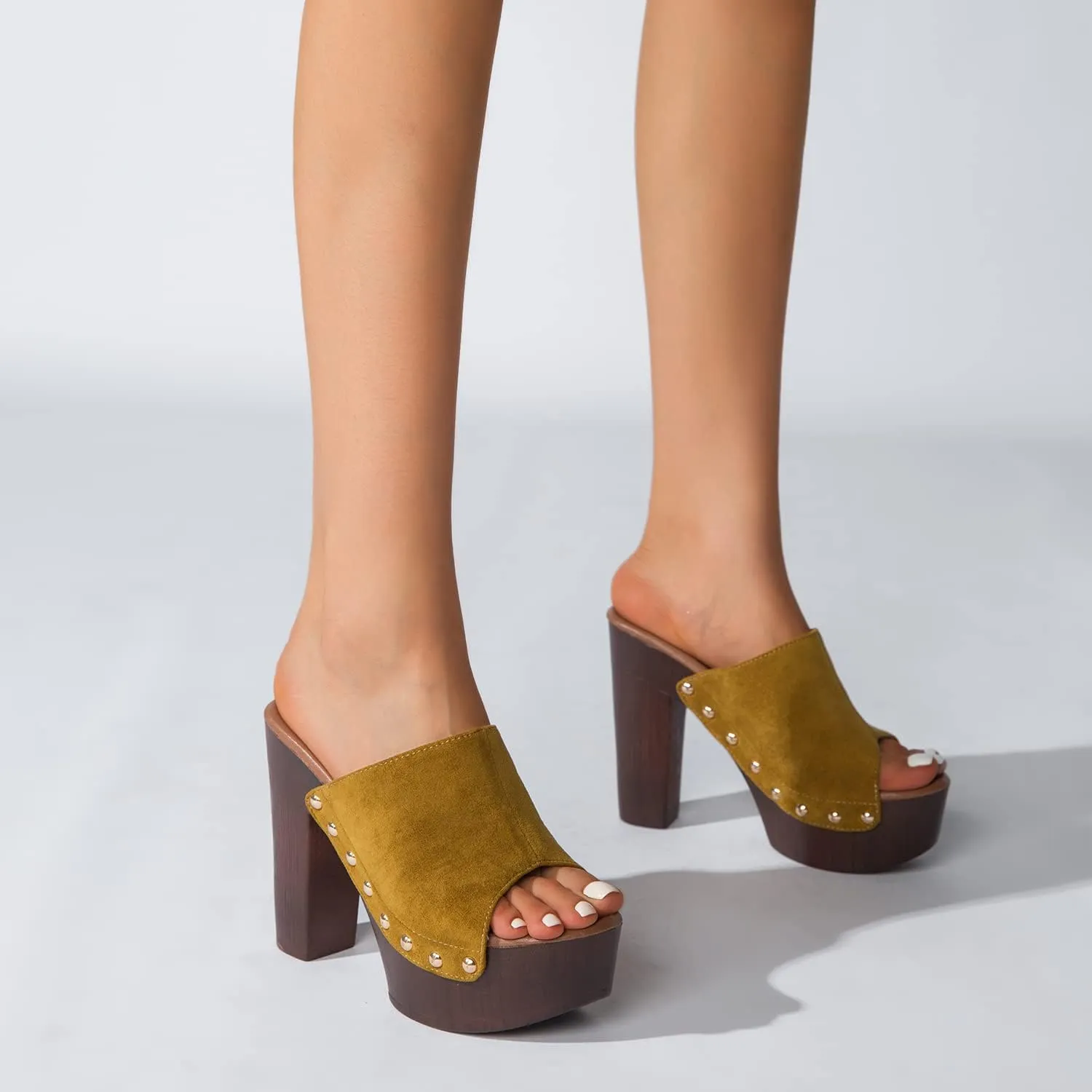 LEHOOR Women Platform Wedge Sandals Peep Toe Chunky Block High Heels Cork Mules Slip On Suede Platform Slide Sandal Backless Open Toe High Heel Summer Slides Mules Lightweight Dressy Casual 6-11 M US