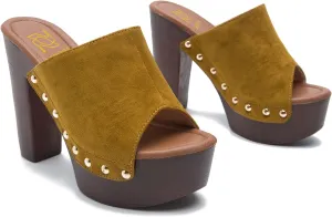 LEHOOR Women Platform Wedge Sandals Peep Toe Chunky Block High Heels Cork Mules Slip On Suede Platform Slide Sandal Backless Open Toe High Heel Summer Slides Mules Lightweight Dressy Casual 6-11 M US