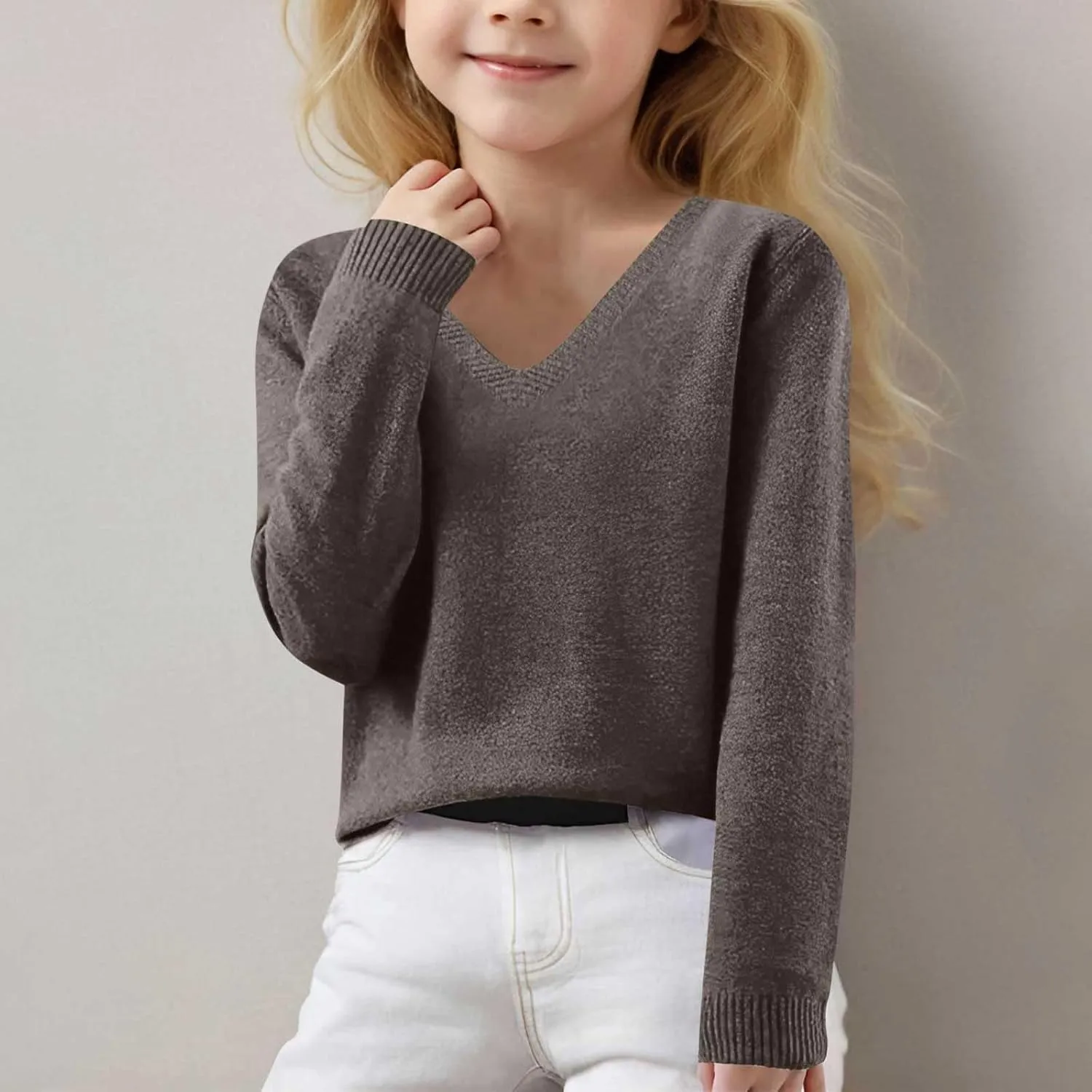 Lightweight Sweaters for Girls Cute v Neck Soft Knit Pullovers Teens Casual Loose Spring Long Sleeve Tops 6-15 Years