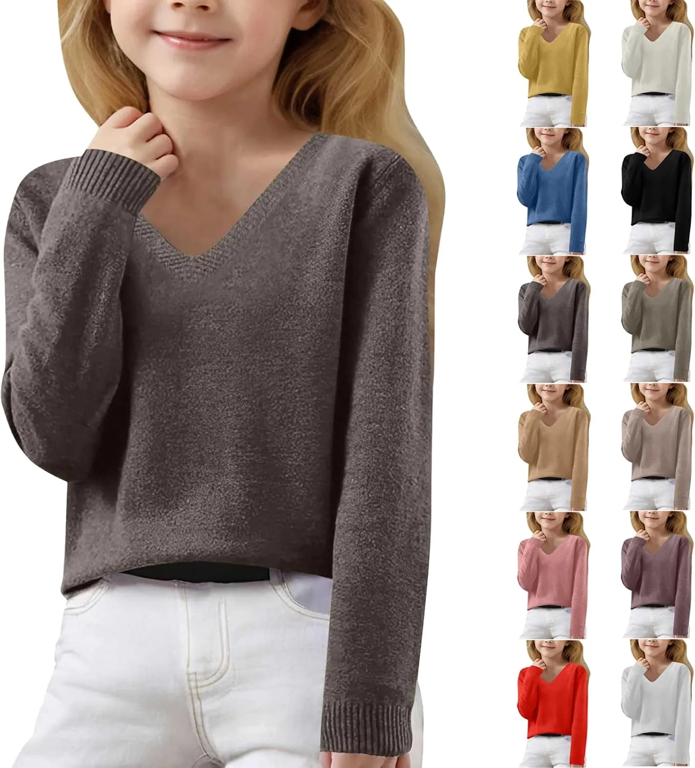 Lightweight Sweaters for Girls Cute v Neck Soft Knit Pullovers Teens Casual Loose Spring Long Sleeve Tops 6-15 Years