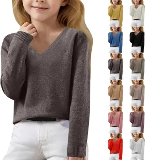 Lightweight Sweaters for Girls Cute v Neck Soft Knit Pullovers Teens Casual Loose Spring Long Sleeve Tops 6-15 Years