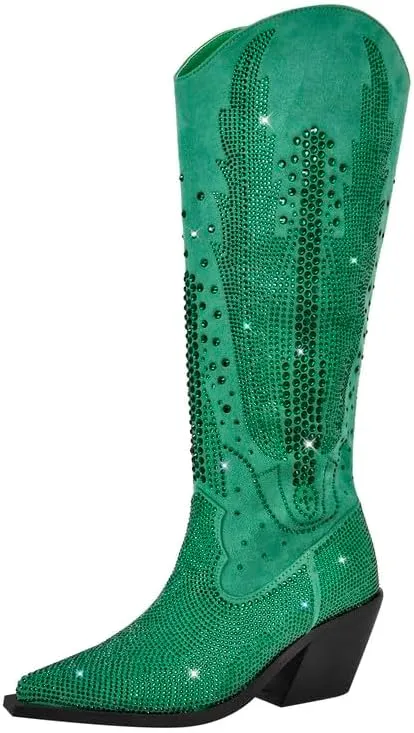 LISHAN Women's Bling bling Heel Knee High Boots Rhinestone Chunky Block Heel Pull on Shoes