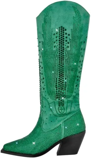 LISHAN Women's Bling bling Heel Knee High Boots Rhinestone Chunky Block Heel Pull on Shoes