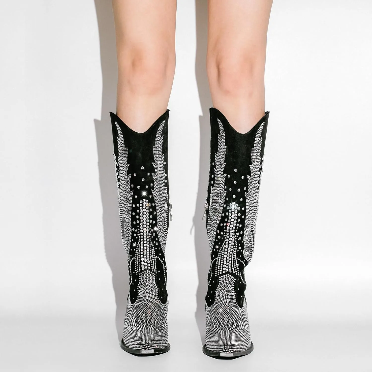 LISHAN Women's Bling bling Heel Knee High Boots Rhinestone Chunky Block Heel Pull on Shoes