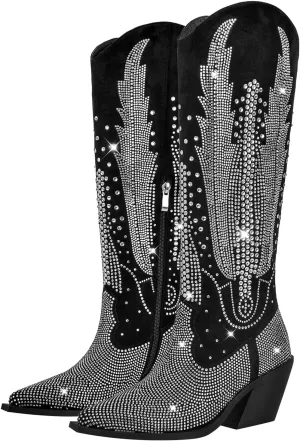 LISHAN Women's Bling bling Heel Knee High Boots Rhinestone Chunky Block Heel Pull on Shoes