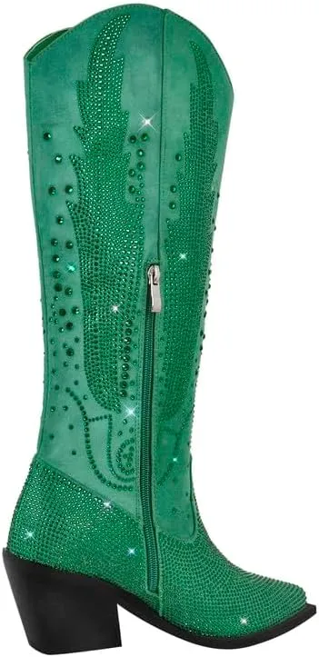 LISHAN Women's Bling bling Heel Knee High Boots Rhinestone Chunky Block Heel Pull on Shoes