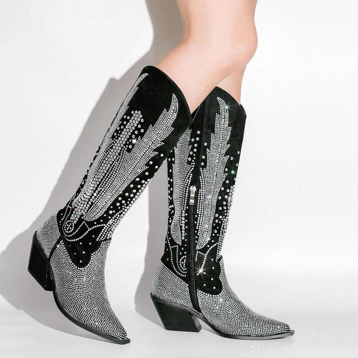 LISHAN Women's Bling bling Heel Knee High Boots Rhinestone Chunky Block Heel Pull on Shoes