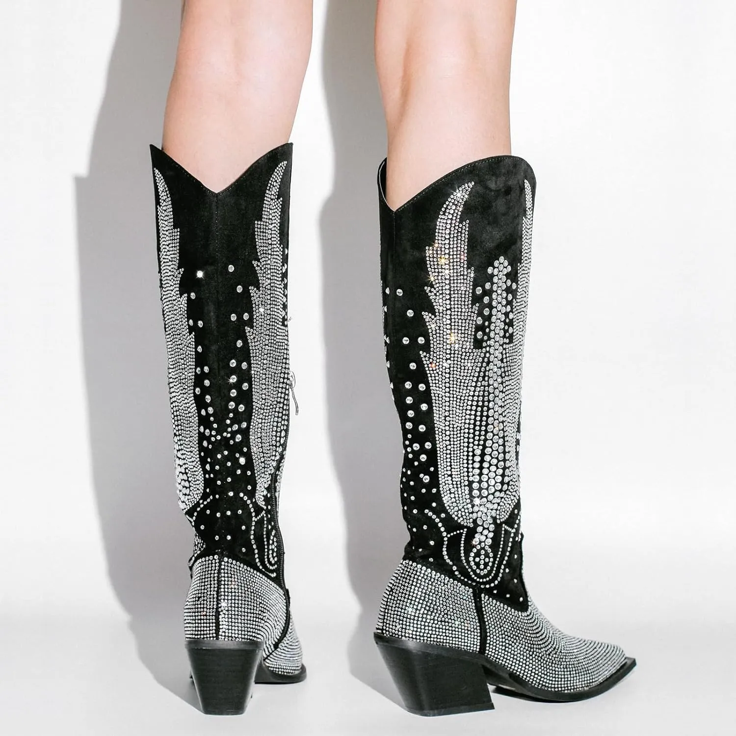 LISHAN Women's Bling bling Heel Knee High Boots Rhinestone Chunky Block Heel Pull on Shoes