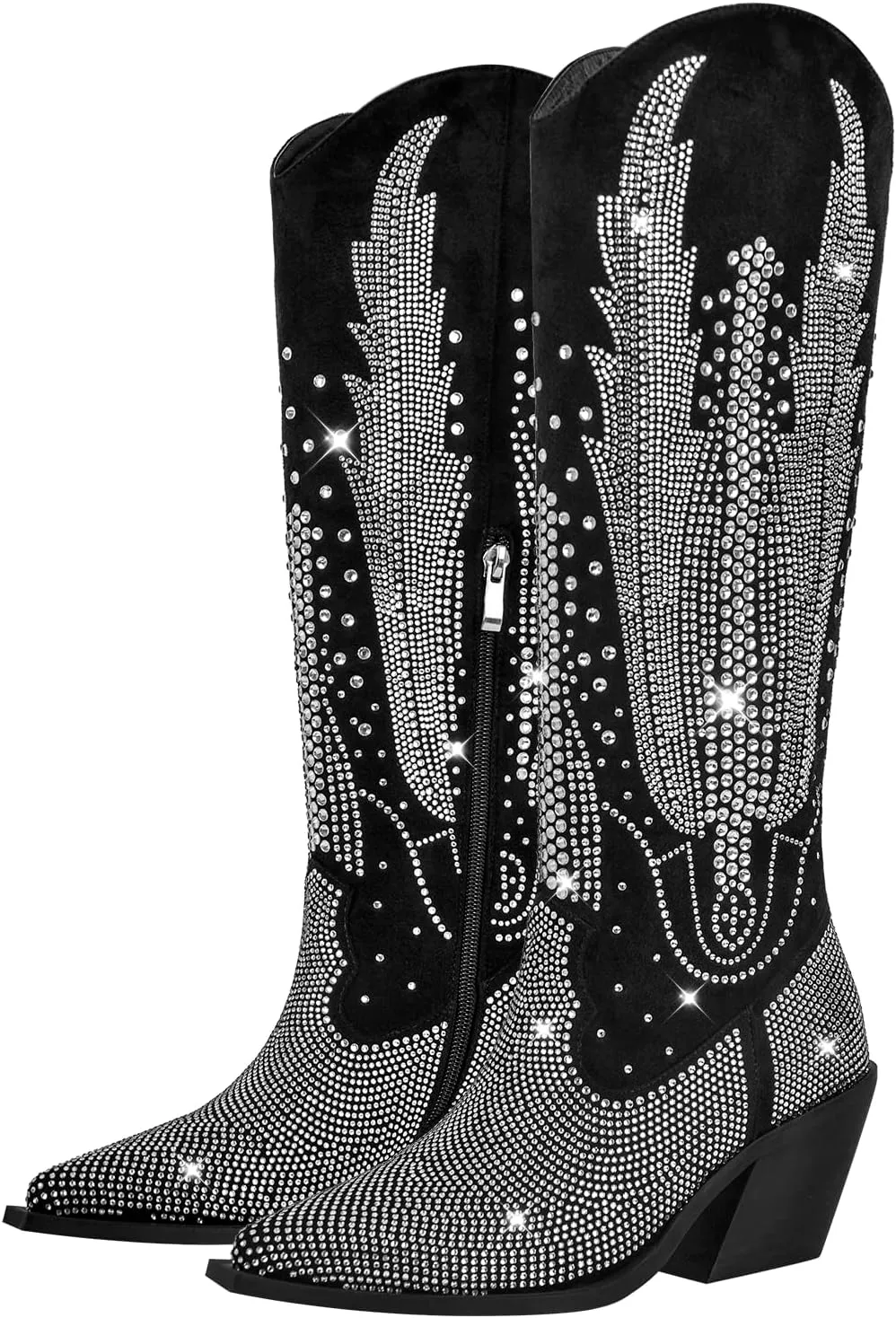 LISHAN Women's Bling bling Heel Knee High Boots Rhinestone Chunky Block Heel Pull on Shoes