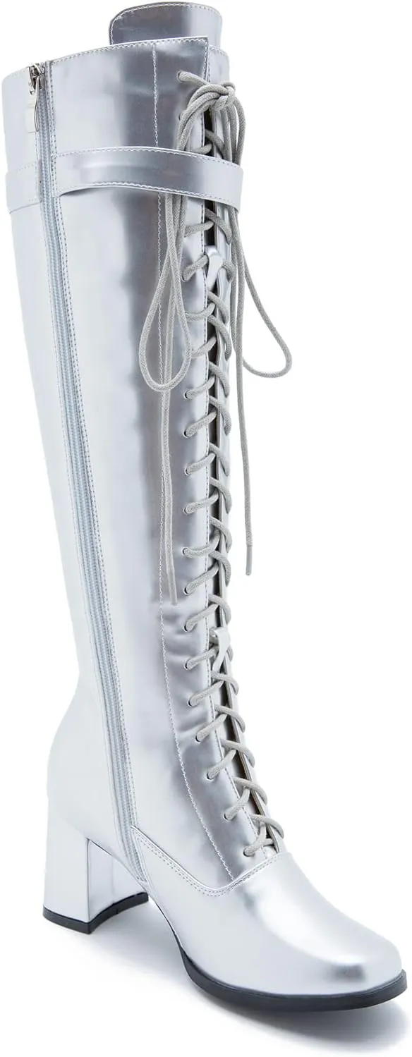LIURUIJIA Women's Gogo Boots Lace up Knee High Block Heel Side Zipper Riding Boots