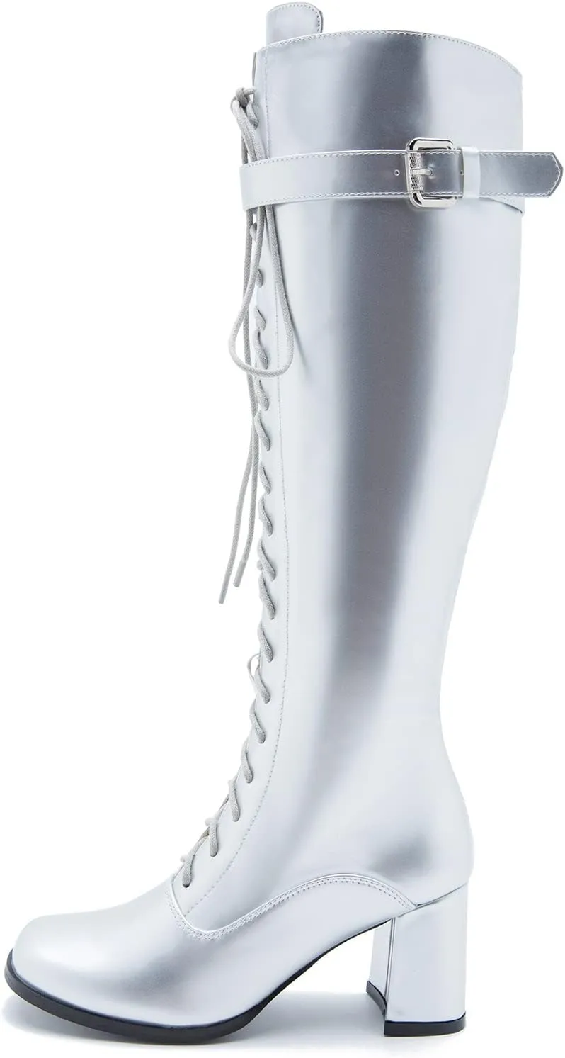 LIURUIJIA Women's Gogo Boots Lace up Knee High Block Heel Side Zipper Riding Boots