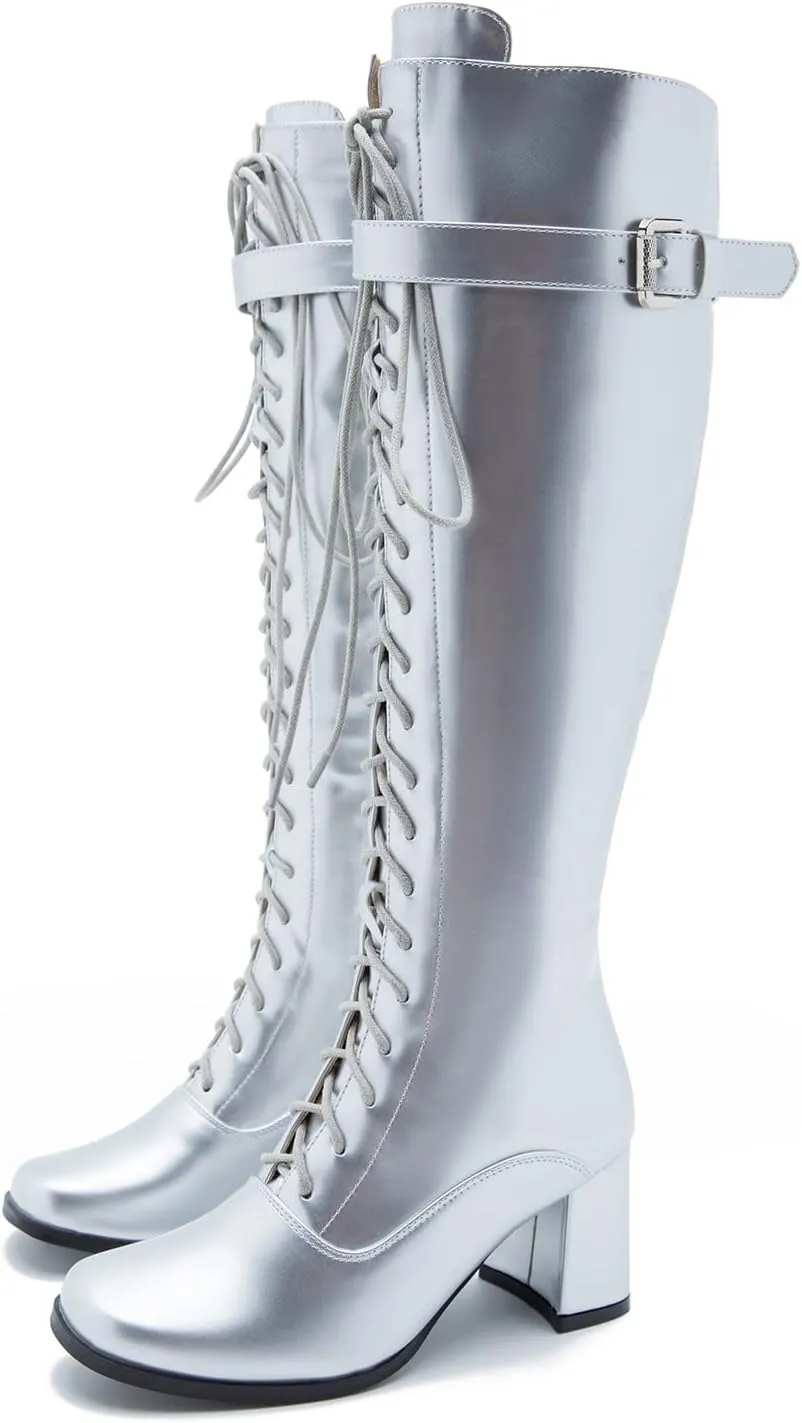 LIURUIJIA Women's Gogo Boots Lace up Knee High Block Heel Side Zipper Riding Boots