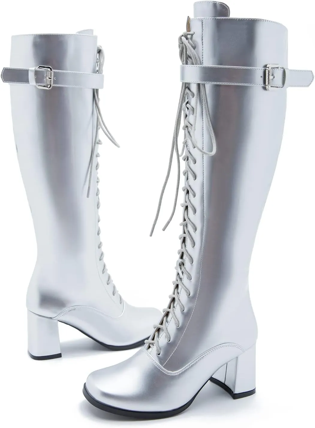 LIURUIJIA Women's Gogo Boots Lace up Knee High Block Heel Side Zipper Riding Boots