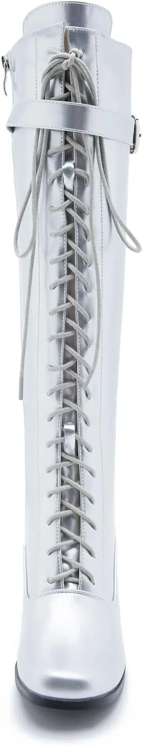 LIURUIJIA Women's Gogo Boots Lace up Knee High Block Heel Side Zipper Riding Boots