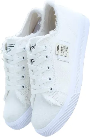 Loizziuy Women's Canvas Shoes Fringed Hem Denim Fabric Autumn Style Spring Casual Sports Preppy Flat Sneakers for Students