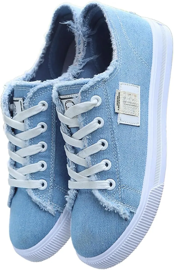 Loizziuy Women's Canvas Shoes Fringed Hem Denim Fabric Autumn Style Spring Casual Sports Preppy Flat Sneakers for Students