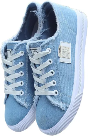 Loizziuy Women's Canvas Shoes Fringed Hem Denim Fabric Autumn Style Spring Casual Sports Preppy Flat Sneakers for Students