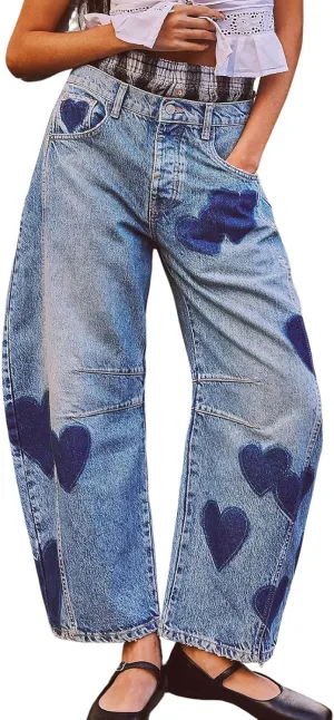 loveimgs Women's Mid Rise Barrel Jeans Wide Leg Baggy Printed Loose Y2k Boyfriend Denim Pants Horseshoe Jeans