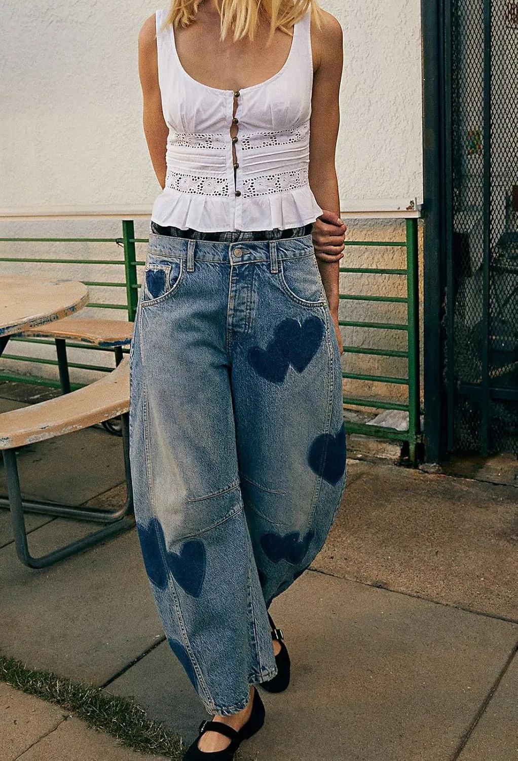loveimgs Women's Mid Rise Barrel Jeans Wide Leg Baggy Printed Loose Y2k Boyfriend Denim Pants Horseshoe Jeans