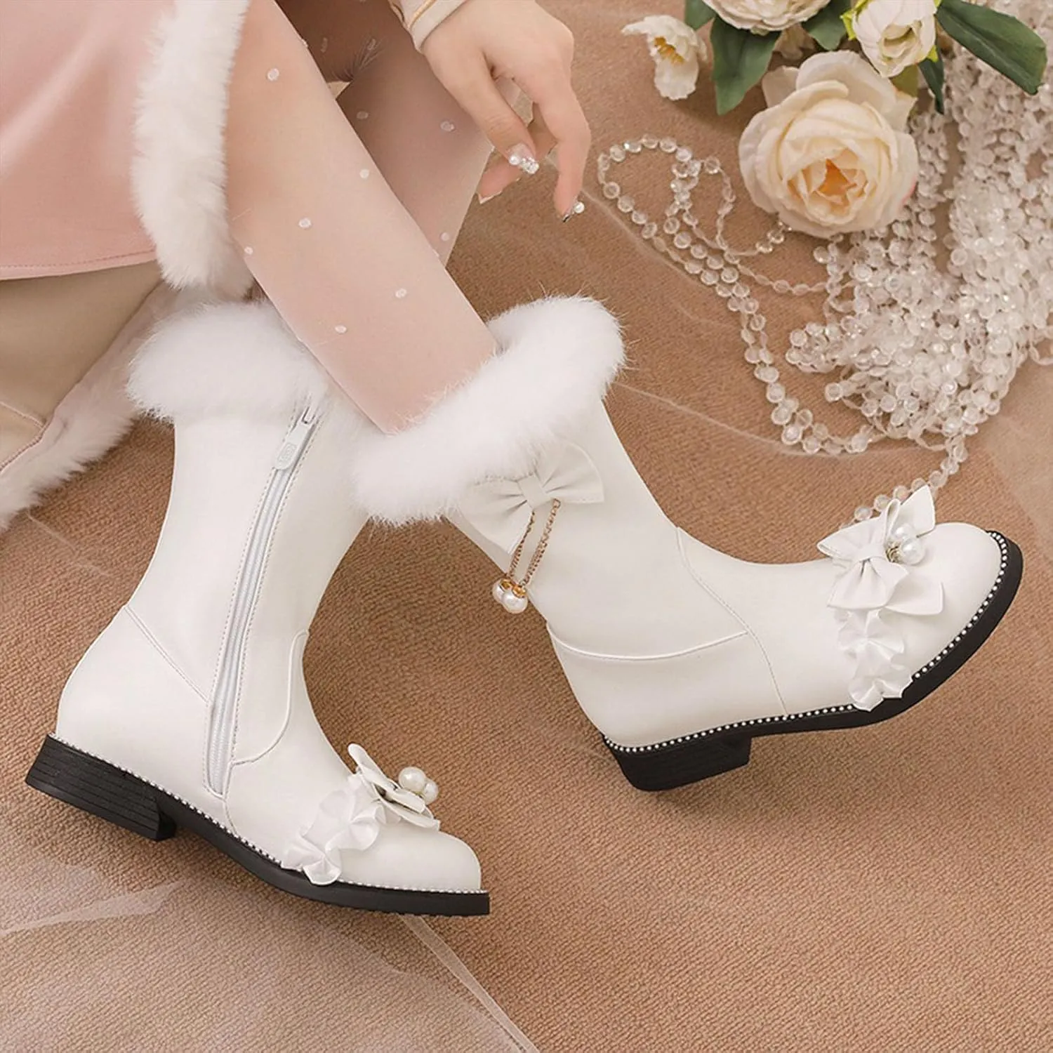 Low Heel Short Snow Boots, Round Toe Side Zip Ankle Boots Thick Fleece Lined Raw Edge Warm Straight Boots Bow Pearl Lace Edge Decoration Women's Boots