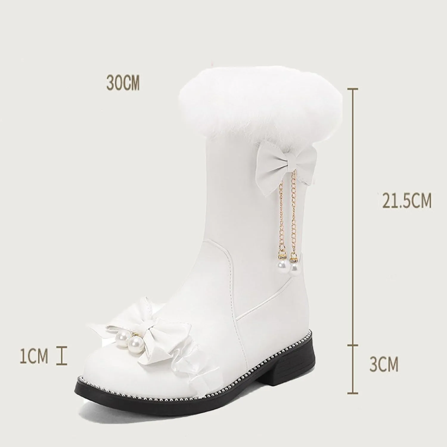 Low Heel Short Snow Boots, Round Toe Side Zip Ankle Boots Thick Fleece Lined Raw Edge Warm Straight Boots Bow Pearl Lace Edge Decoration Women's Boots