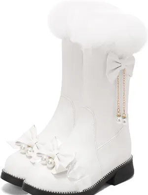 Low Heel Short Snow Boots, Round Toe Side Zip Ankle Boots Thick Fleece Lined Raw Edge Warm Straight Boots Bow Pearl Lace Edge Decoration Women's Boots