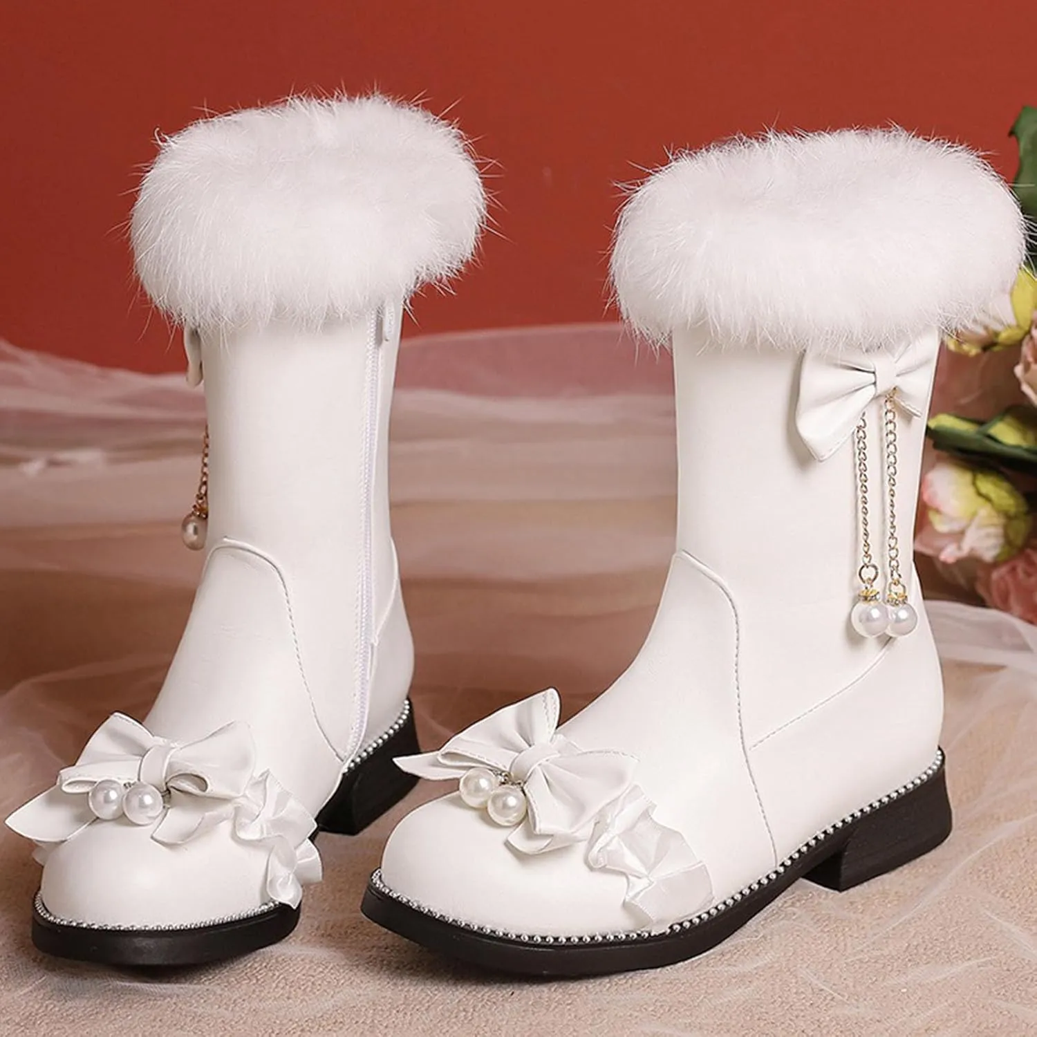 Low Heel Short Snow Boots, Round Toe Side Zip Ankle Boots Thick Fleece Lined Raw Edge Warm Straight Boots Bow Pearl Lace Edge Decoration Women's Boots
