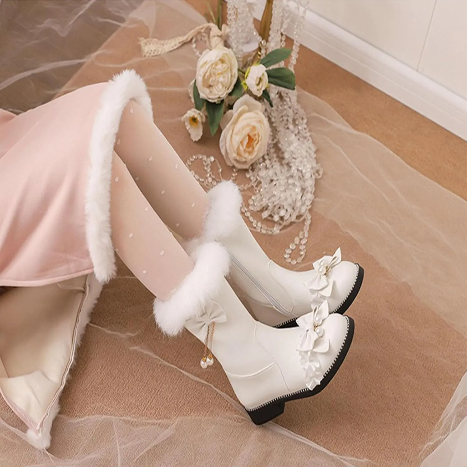Low Heel Short Snow Boots, Round Toe Side Zip Ankle Boots Thick Fleece Lined Raw Edge Warm Straight Boots Bow Pearl Lace Edge Decoration Women's Boots