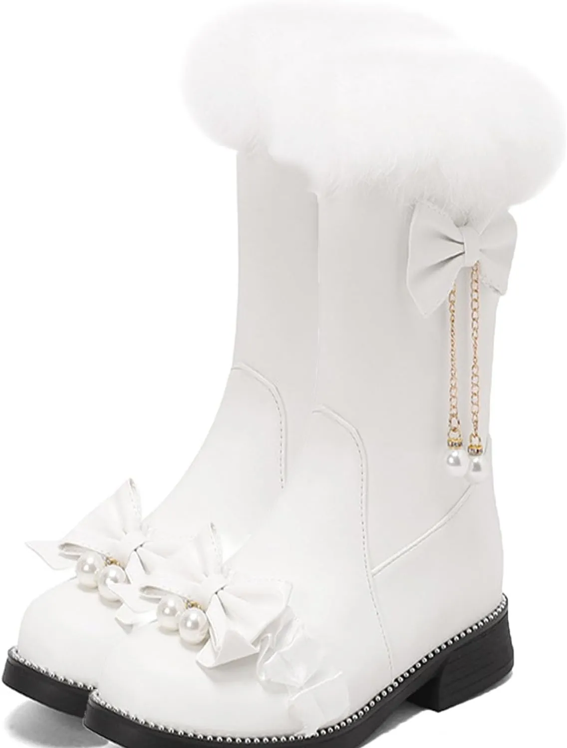 Low Heel Short Snow Boots, Round Toe Side Zip Ankle Boots Thick Fleece Lined Raw Edge Warm Straight Boots Bow Pearl Lace Edge Decoration Women's Boots