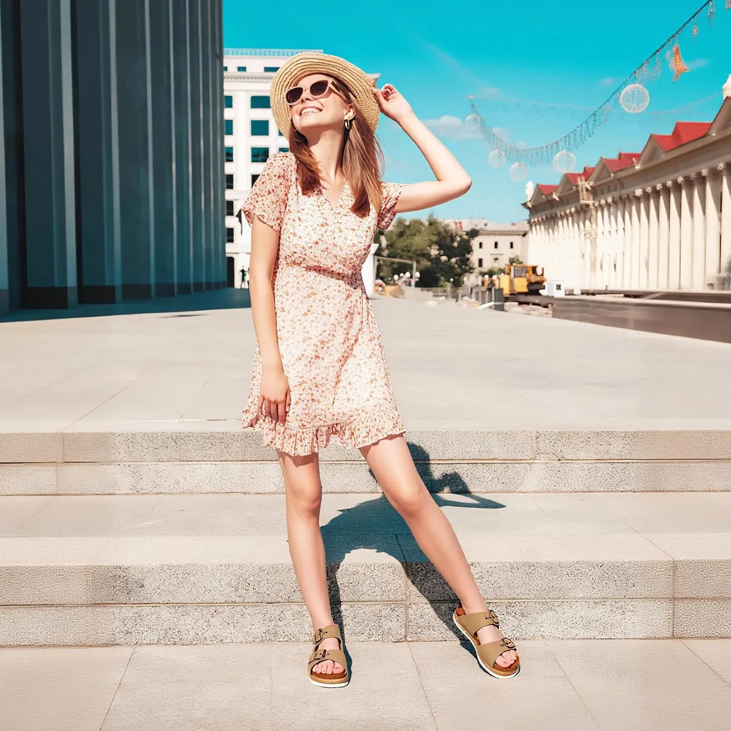 Lryweisy Women Suede Sandals Cork Sandals Comfortable Espadrilles Platform with Arch Support