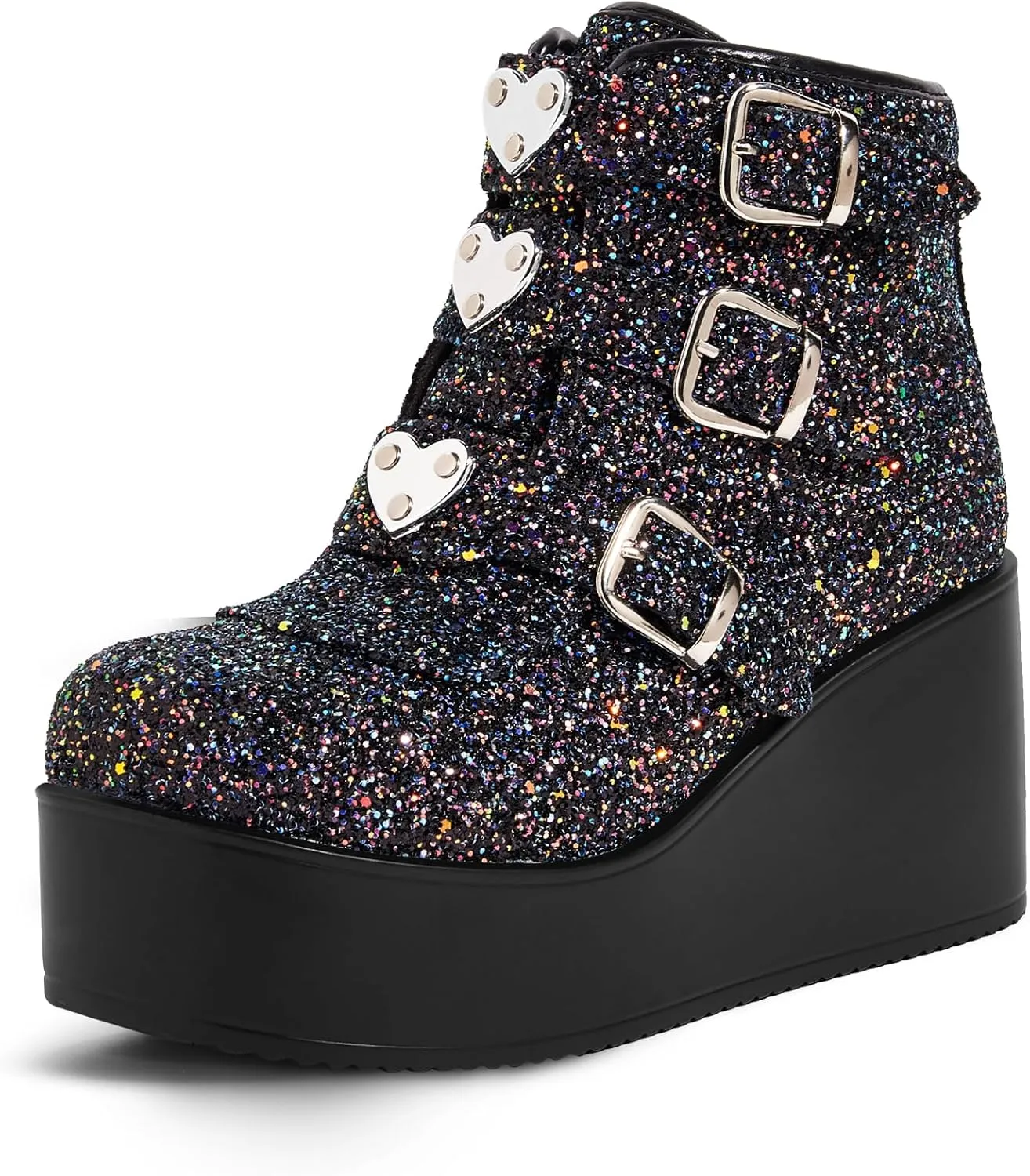 LUCKY STEP Women Platform Chunky Ankle Boots - Round Toe Zipper Wedges High Heels Rave Buckle Thick Sole Goth Booties