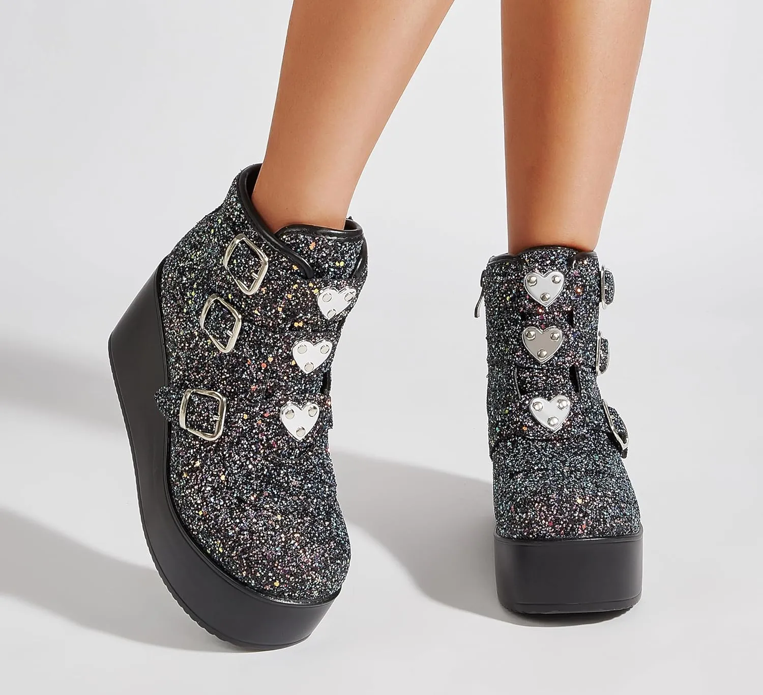LUCKY STEP Women Platform Chunky Ankle Boots - Round Toe Zipper Wedges High Heels Rave Buckle Thick Sole Goth Booties