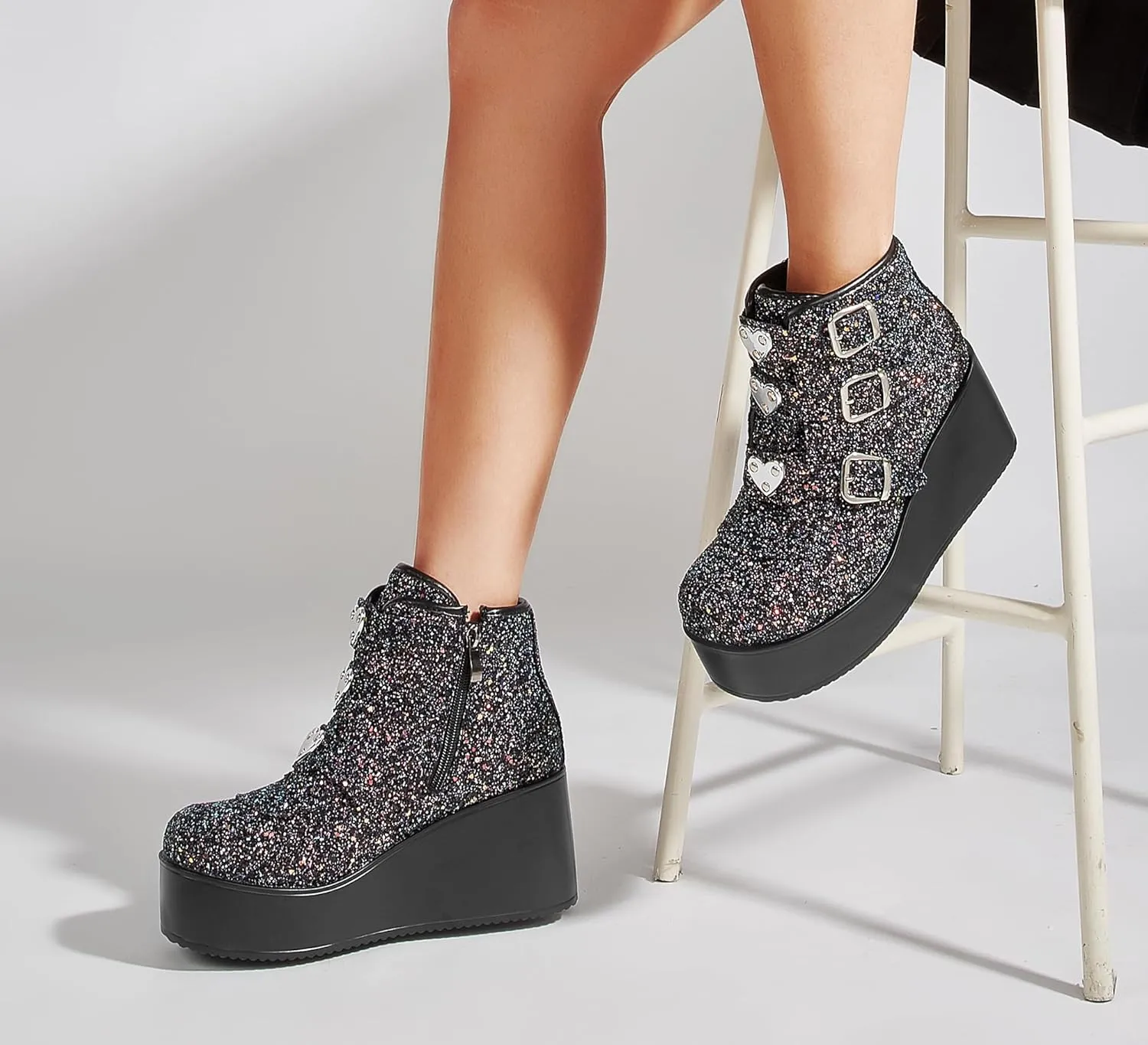 LUCKY STEP Women Platform Chunky Ankle Boots - Round Toe Zipper Wedges High Heels Rave Buckle Thick Sole Goth Booties