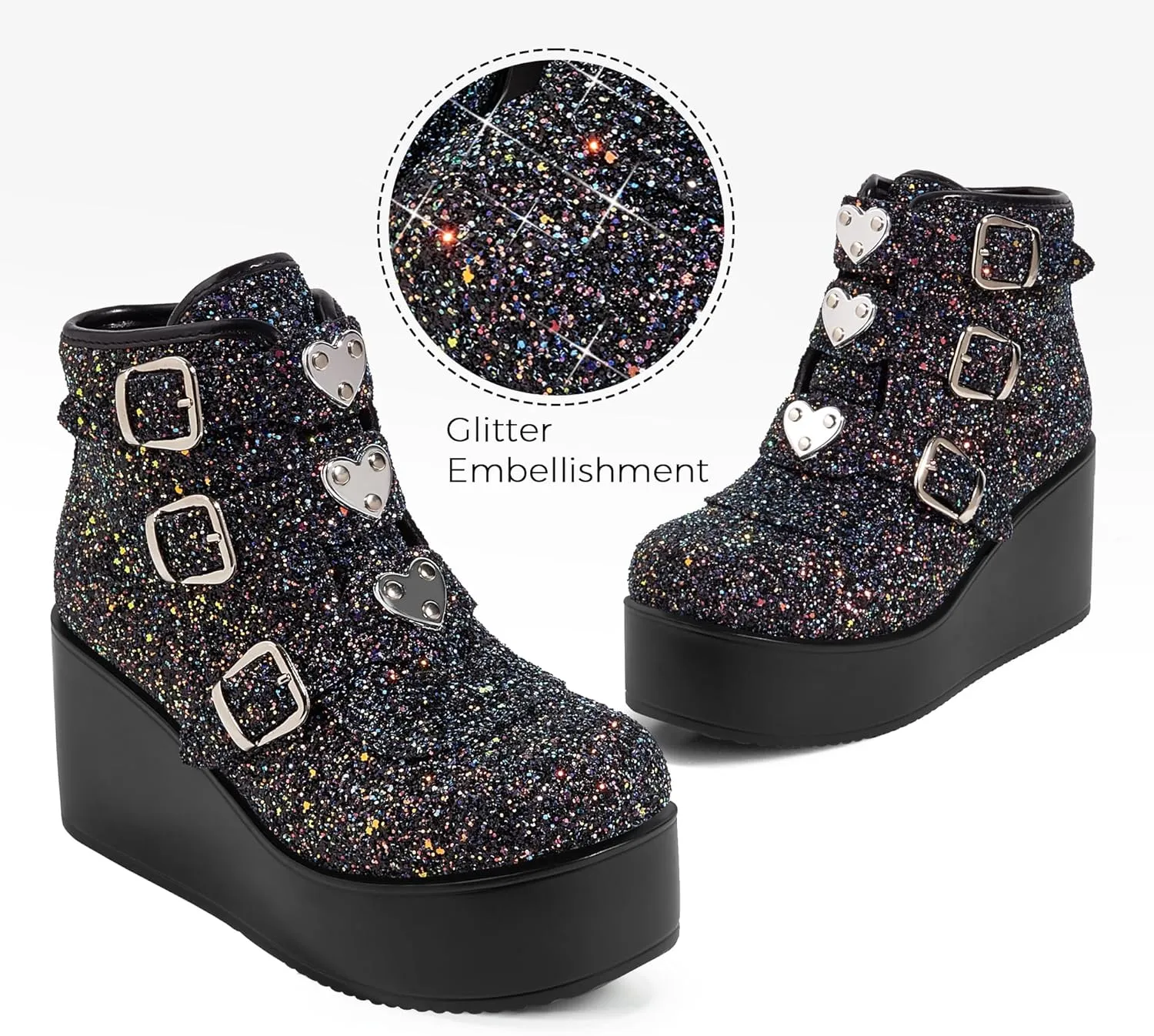 LUCKY STEP Women Platform Chunky Ankle Boots - Round Toe Zipper Wedges High Heels Rave Buckle Thick Sole Goth Booties