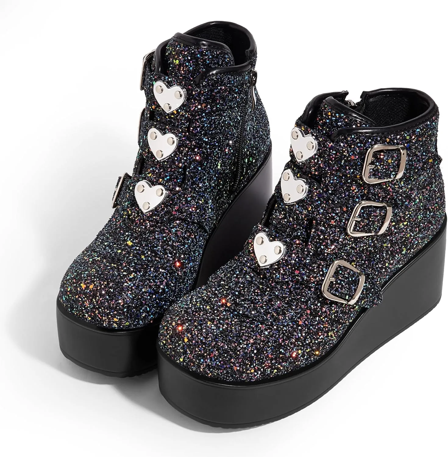 LUCKY STEP Women Platform Chunky Ankle Boots - Round Toe Zipper Wedges High Heels Rave Buckle Thick Sole Goth Booties