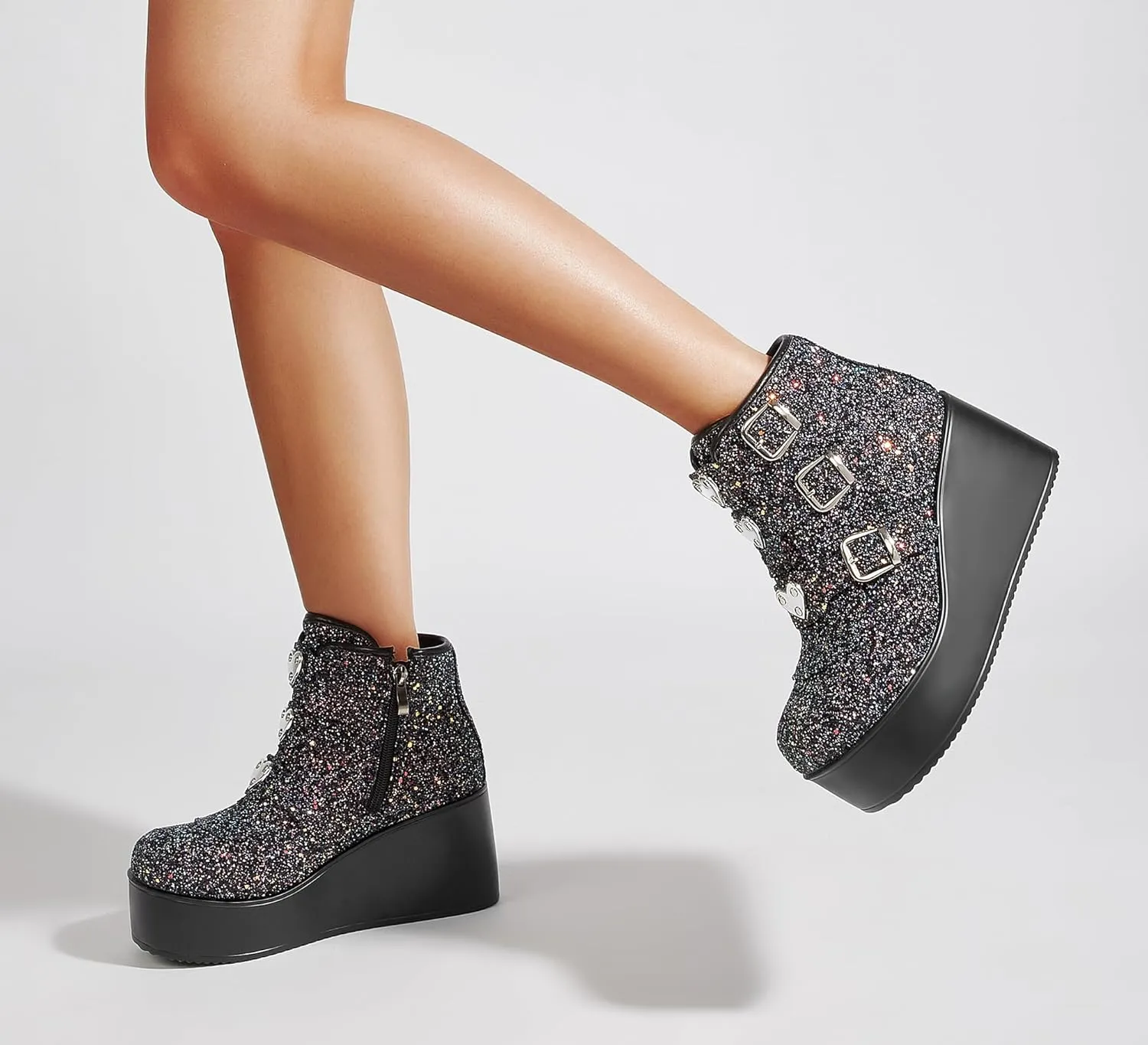 LUCKY STEP Women Platform Chunky Ankle Boots - Round Toe Zipper Wedges High Heels Rave Buckle Thick Sole Goth Booties