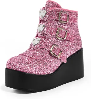 LUCKY STEP Women Platform Chunky Ankle Boots - Round Toe Zipper Wedges High Heels Rave Buckle Thick Sole Goth Booties