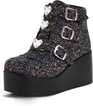 LUCKY STEP Women Platform Chunky Ankle Boots - Round Toe Zipper Wedges High Heels Rave Buckle Thick Sole Goth Booties