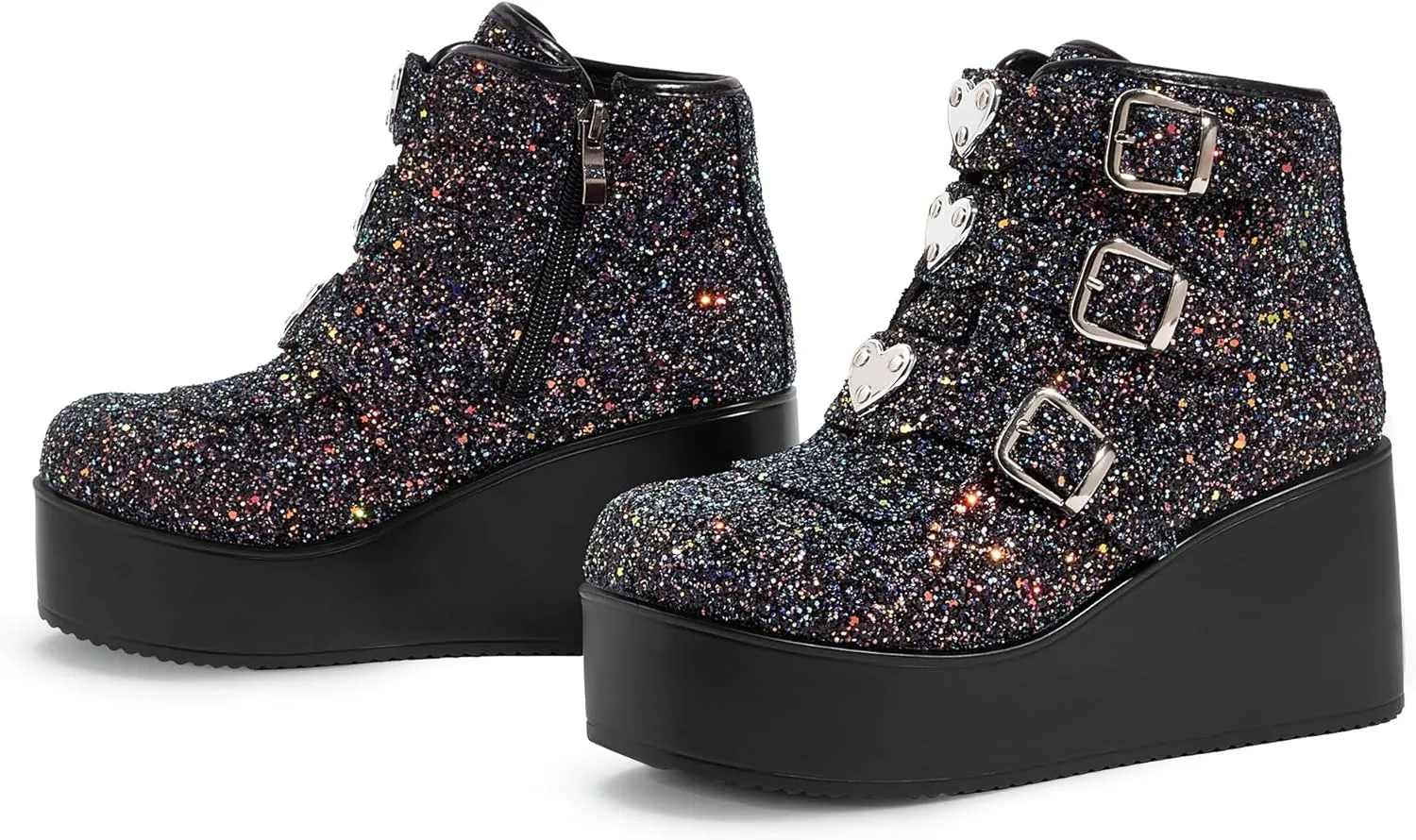 LUCKY STEP Women Platform Chunky Ankle Boots - Round Toe Zipper Wedges High Heels Rave Buckle Thick Sole Goth Booties