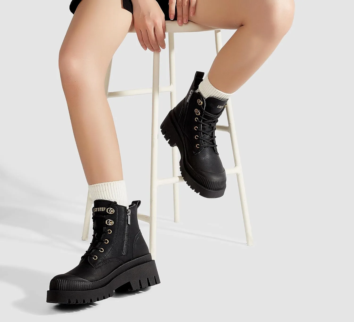 LUCKY STEP Women's Platform Ankle Boots Zipper Fashion Combat Thick Lug Sole Durable Chunky Wedge Booties Shoes
