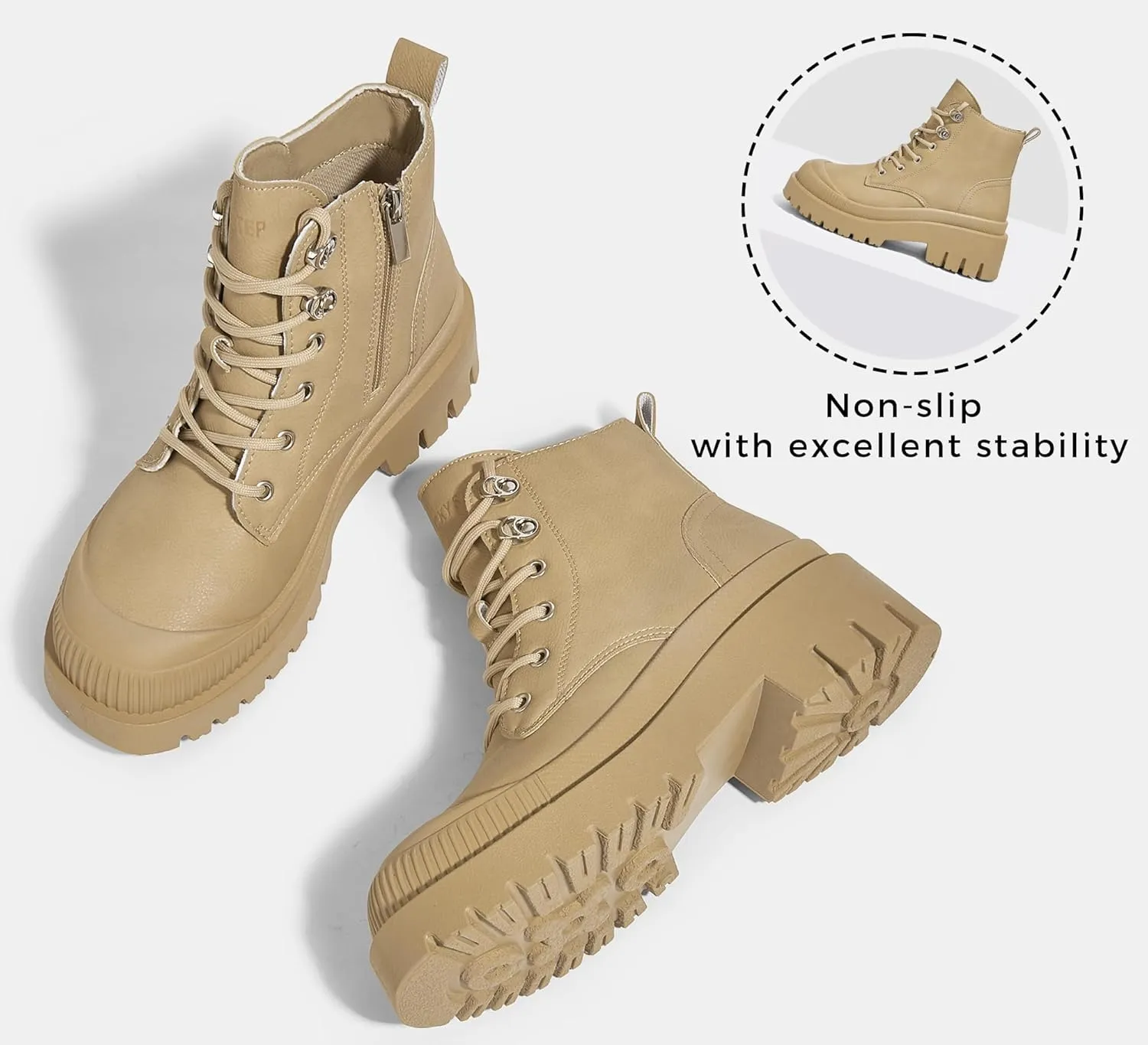 LUCKY STEP Women's Platform Ankle Boots Zipper Fashion Combat Thick Lug Sole Durable Chunky Wedge Booties Shoes