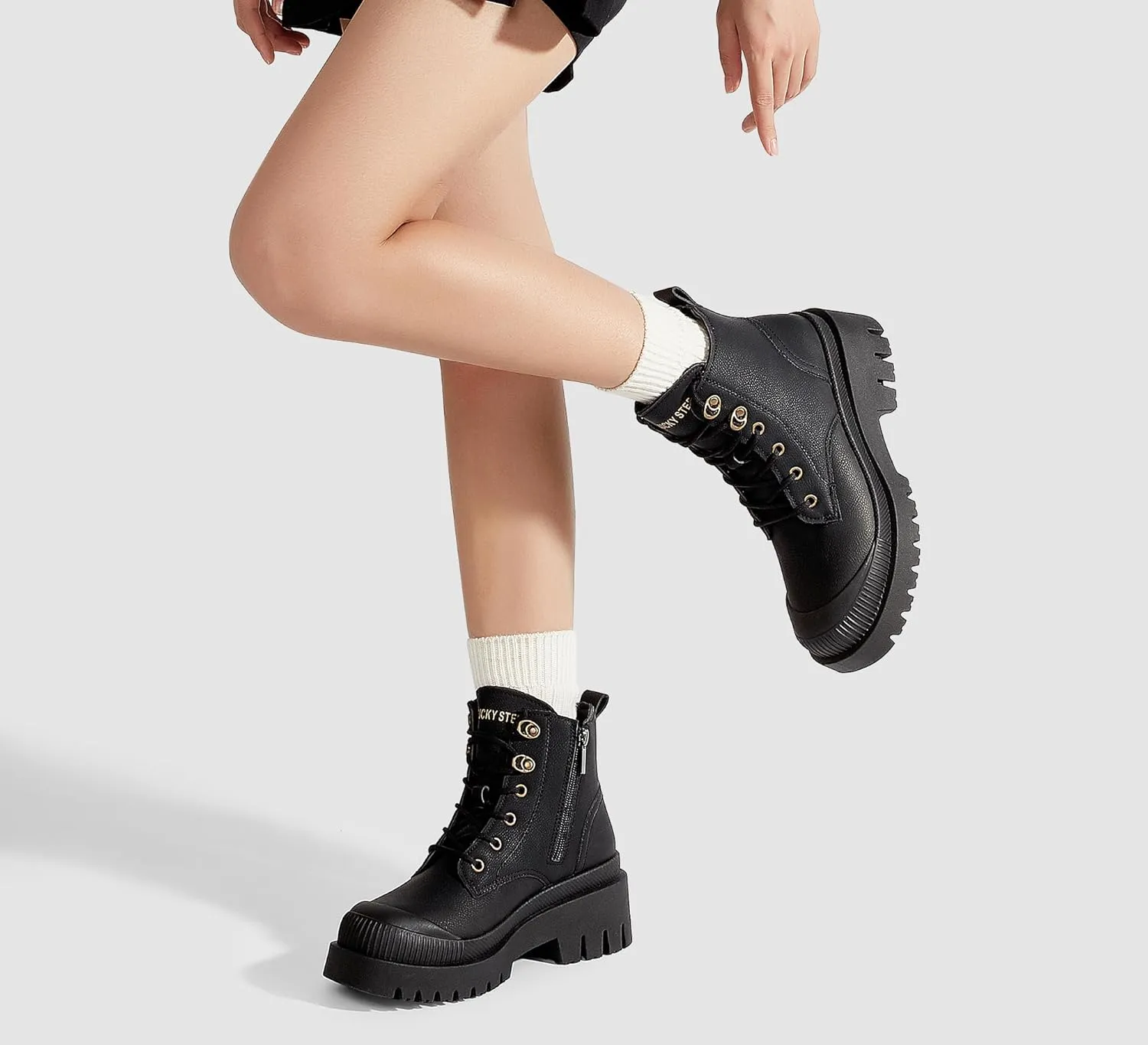 LUCKY STEP Women's Platform Ankle Boots Zipper Fashion Combat Thick Lug Sole Durable Chunky Wedge Booties Shoes